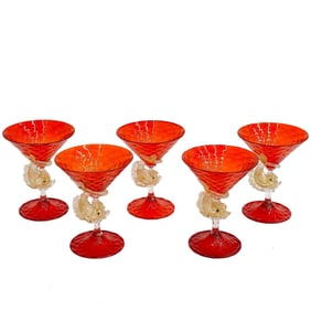 5 Salviati Venetian Red Glass Champagne Coupes Gold Fleck Dolphins c 1970
