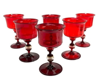 6 Venetian Cranberry Red & Gold Fleck Art Glass Water Goblets, Salviati