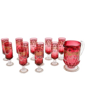 Venetian Enameled Cranberry Red Glass Champagne Pitcher with 11 Flutes c 1950