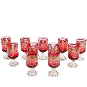11 Venetian Enameled Cranberry Red Glass 8 oz Wine Glasses circa 1950