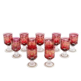 11 Venetian Enameled Cranberry Red Glass 7 oz Wine Glasses circa 1950