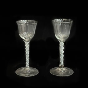 Pair English Air Twist Glass Wine Glasses 18th century