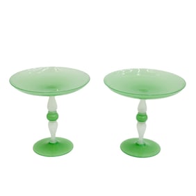 Pair Steuben Green Jade and Alabaster Art Glass Tazzas 1st half 20th cen