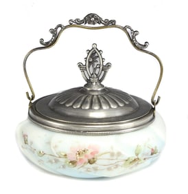 Wave Crest Satin Glass Marmelade Jar - light blue with hand painted flowers