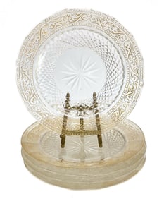 5 Continental Gilt Etched Glass Dessert Plates, Etched Leaves & Foliate Scrolls