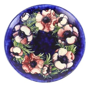 Signed Moorcroft Shallow Bowl blue, purples Hand painted floral, raised details