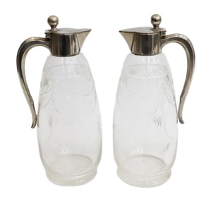 Pair WMF Silverplate and Acid Etched Glass Decanters, circa 1940
