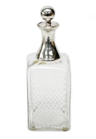 European Silver Mounted Cut Glass Rectangular Decanter c. 1900 Rounded Stopper
