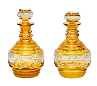 Pair Bohemian Amber Cut to Clear Glass Decanters circa 1900