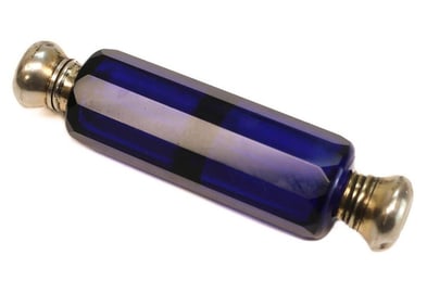 Continental Silver Cobalt Blue Glass Dual Compartment Perfume Bottle, circa 1900