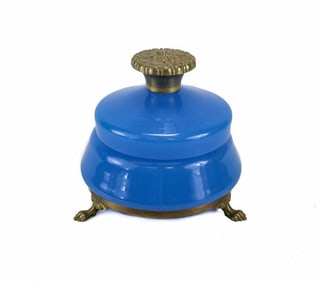 French Blue Opaline Art Glass & Gilt Bronze Footed Covered Bowl, c1920