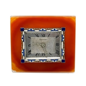 Tiffany & Co Sterling Silver Agate Enameled Gold & Diamonds Desk Clock c 1920