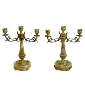 Pair Continental Green Onyx Gilt Bronze Mounted Candelabras circa 1970