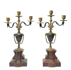 Pair Henri Picard French Rouge Marble Gilt & Patinated Bronze Candelabras 19th c