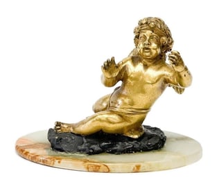 Continental Cold Painted and Gilt Bronze Cherub Figurine Onyx Base
