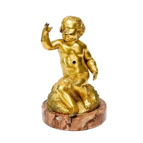 Cold Painted Gilt Bronze Putti Figurine Red Marble Base circa 1900