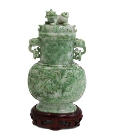 Chinese Carved Green Hardstone Decorative Urn on Base