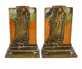 Pomieian Bronze Co. Gilt Bronze & Enamel Bookends titled, 'Adoration' Art Deco