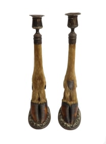 Continental Pair Stagg Hoof & Silver Candlesticks, circa 1900