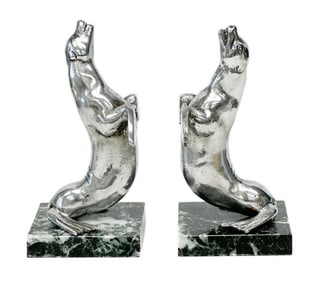 Pair American Silvered Bronze Seal Form Bookends Marble Bases mid century
