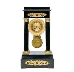 French Gilt Bronze Mounted & Black Wood Portico Mantel Clock 1st half 20th cen