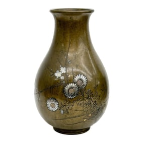 Japanese Patinated Bronze Mixed Metal Silver Floral Vase Meiji period