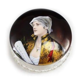 French Enamel Portrait on Bronze Crystal Powder Jar, c1900 Woman w/ Sheet Music