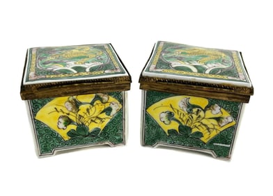 Pair Tiffany & Co. Porcelain and Enamel Japonisme Trinket Boxes, Dragons