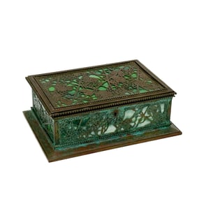 Tiffany Studios New York Bronze Green Slag Glass Jewelry Box in Grapevine