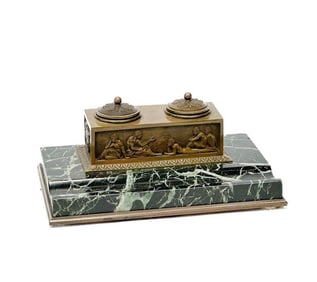 Italian Patinated Bronze Mounted Verde Antico Marble Ink Stand Double Inkwell