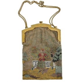 French Micro Hand Beaded Handbag Purse Gold Plated Metal Frame circa 1890