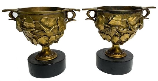 Pair Continental Gilt Bronze Twin Handled Cups Boscoreale c1900