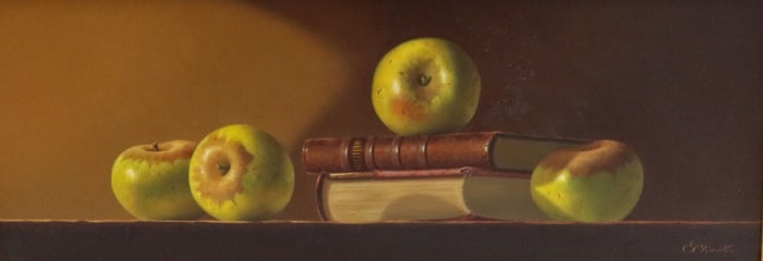 Gerald Stinski (American 1929-2015) Oil on Panel Still Life Painting of Apples