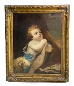 18th Century Benjamin West Oil on Canvas Painting, "St. John" Putto with Lamb