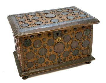 Italian Coin Mounted Wood Cigar Box, 19th Century