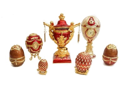 Group of 7 Faberge Style Gilt Enamel Jeweled Objects