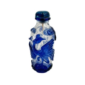 Chinese Carved Blue Quartz Hardstone Overlay Snuff Bottle Phoenix circa 1780