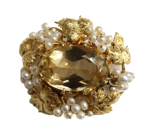 18K Yellow Gold Citrine and Seed Pearl Pin Brooch