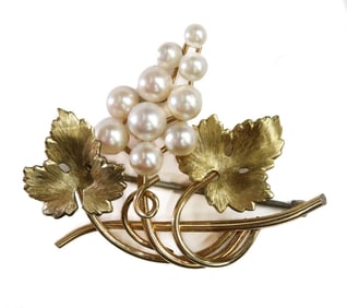 Krementz 14k Yellow Gold and Cultured Pearl Grapes Pin Brooch
