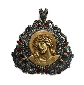 18k Yellow Gold Diamond Emerald Ruby and Sapphire Pendant