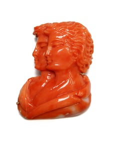14k Yellow Gold and Carved Coral Bust Pin Brooch