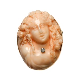 14k Yellow Gold Carved Coral and Diamond Cameo Pendant