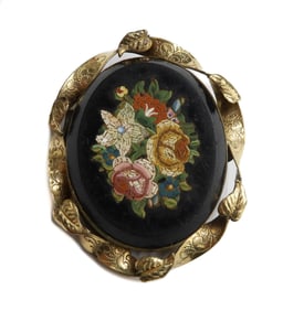 14k Yellow Gold Micromosaic Floral Pin Brooch