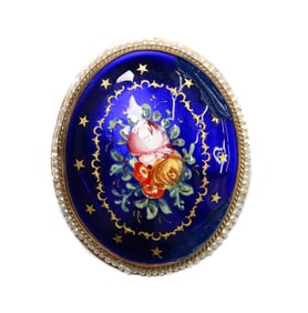 French 14k Yellow Gold and Blue Enamel Hand painted Floral Ring