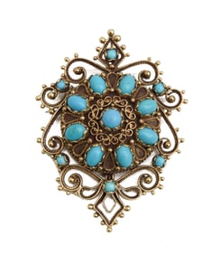 14k Yellow Gold and Blue Turquoise Pendant Brooch