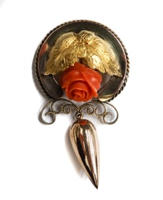 18k and 14k Yellow Gold and Carved Red Coral Pin Brooch