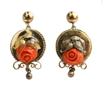 18k and 14k Yellow Gold and Carved Red Coral Earrings