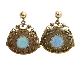 14k Yellow Gold Filigree Opal Dangle Earrings