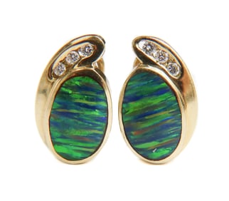 18k Yellow Gold Green Fire Opal and Diamond Earrings