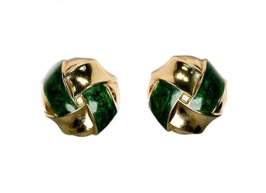 14k Yellow Gold and Green Enamel Knotted Earrings